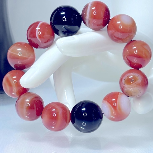 ORANGE SARDONYX + BLACK ONYX NATURAL STONES BRACELET size 7” - Picture 4 of 15